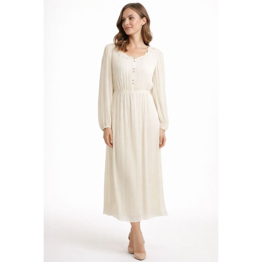Liz Roberts Ivory Pleated Midi Dress Lace Trim Pearl Button Boho Cottagecore 12